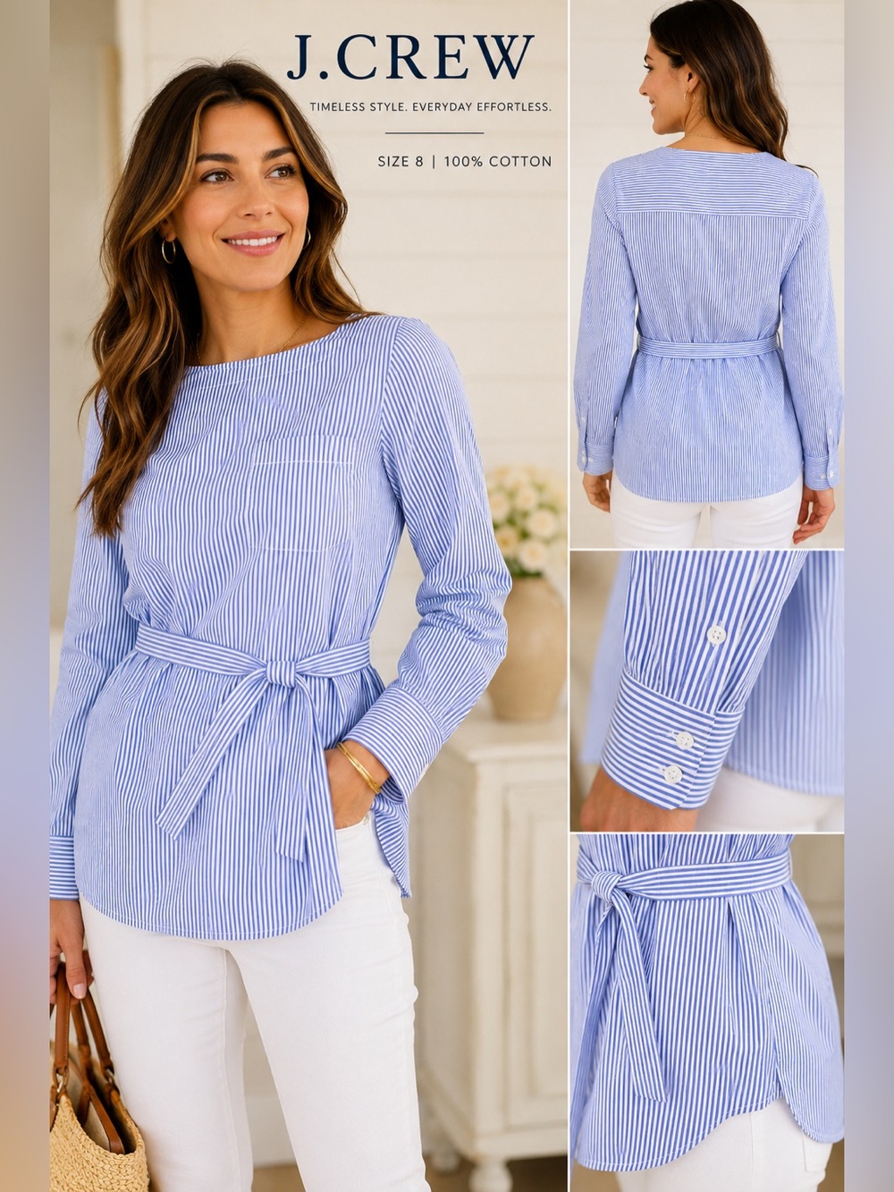 J.Crew Blue White Striped Cotton Tie Waist Tunic Blouse Women’s Size 8